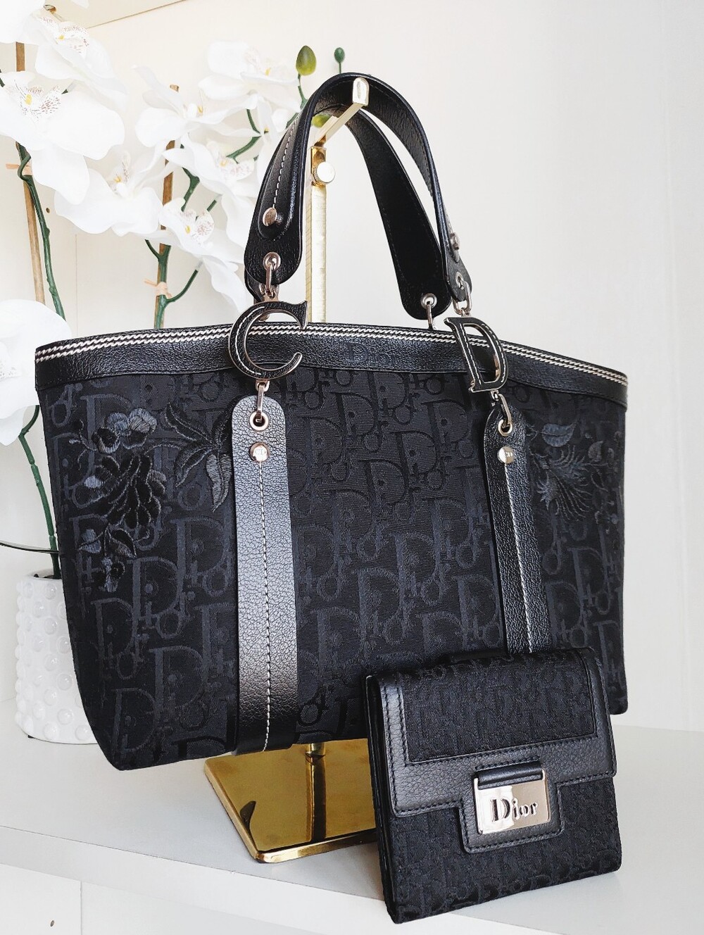 Dior Black Monogram Flower Trotter Tote Bag Set
